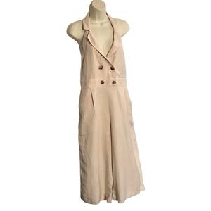 Anthropologie SP Linen Sleeveless Beige Halter Double Breasted Wide Leg Jumpsuit